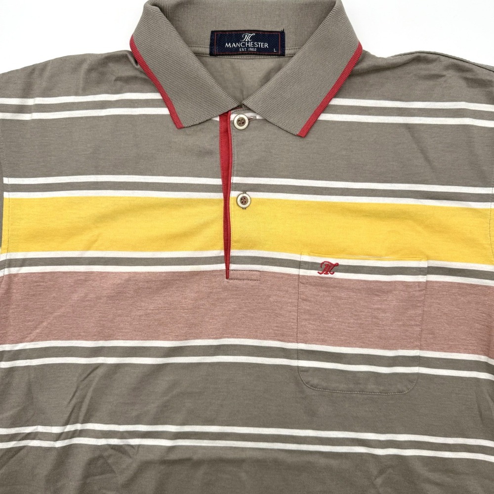 Manchester Polo Shirt Mens Large Gray Striped Short Sleeve Pocket Casual Top